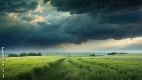 Over the verdant field, a stormy sky. composition of nature.