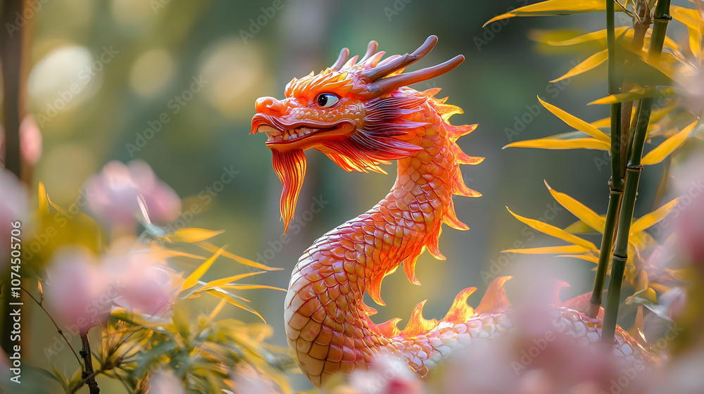 Fototapeta premium Dragon Statue in a Garden Illustration