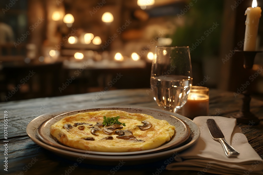 Rustic plate with a omelette aux cèpes, a golden omelette filled with porcini mushrooms on a wooden table with a napkin and glass of water. Cozy French tavern background with stone walls Rustic plate with a omelette aux cèpes, a golden omelette filled with porcini mushrooms on a wooden table with a napkin and glass of water. Cozy French tavern background with stone walls