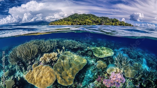 Morning Light Over Submerged Coral Reef: A Striking Split Shot of Vibrant Underwater Life and Clear Waters in National Geographic Style. Crystal Clarity in Maximum Depth of Field.