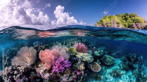 Morning Light Over Submerged Coral Reef: A Striking Split Shot of Vibrant Underwater Life and Clear Waters in National Geographic Style. Crystal Clarity in Maximum Depth of Field. photo