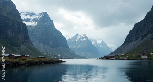 Lofoten Islands, Norway, dramatic peaks and fishing villages by the blue fjords under cloudy skies, capturing the scenic and rugged beauty of Norway’s coastline. photo