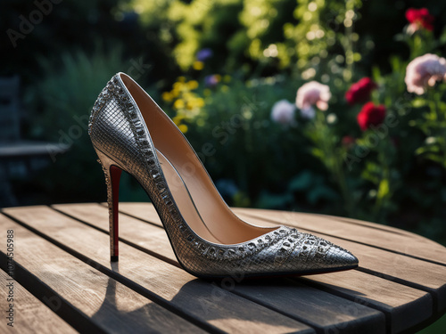 woman footwear, high heel stiletto shoe on a wooden table in the garden