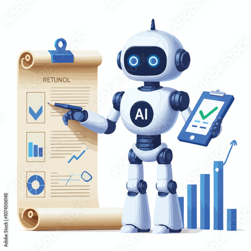 A robot with AI symbol holding data charts and documents points to a checklist on a scroll. Ideal for technology, artificial intelligence, data analysis, automation, and innovation. Simple vector art 