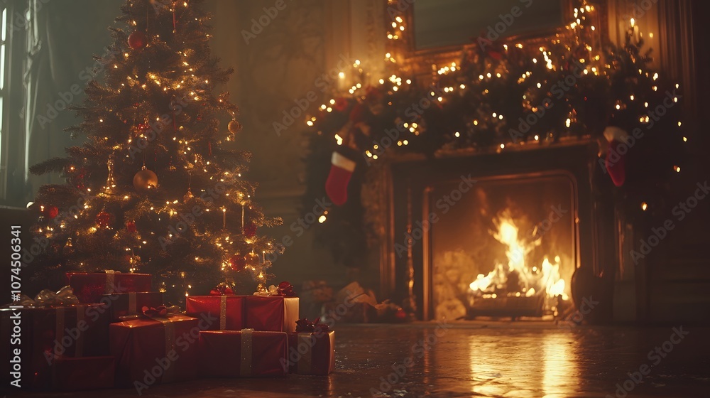 Cozy Christmas scene with tree, gifts, and a warm fireplace glow. Cozy Christmas scene with tree, gifts, and a warm fireplace glow.
