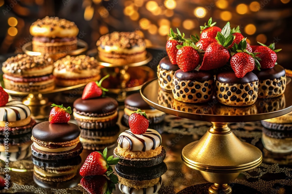 Luxurious Black and Gold Leopard Print Dessert Table with Exotic Treats and Elegant Presentation for Glamorous Events and Celebrations Luxurious Black and Gold Leopard Print Dessert Table with Exotic Treats and Elegant Presentation for Glamorous Events and Celebrations