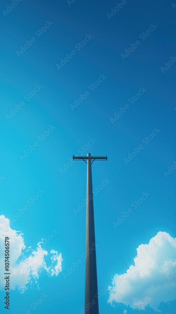Tall utility pole against a clear blue sky with fluffy clouds, representing urban infrastructure and electrical lines. Tall utility pole against a clear blue sky with fluffy clouds, representing urban infrastructure and electrical lines.