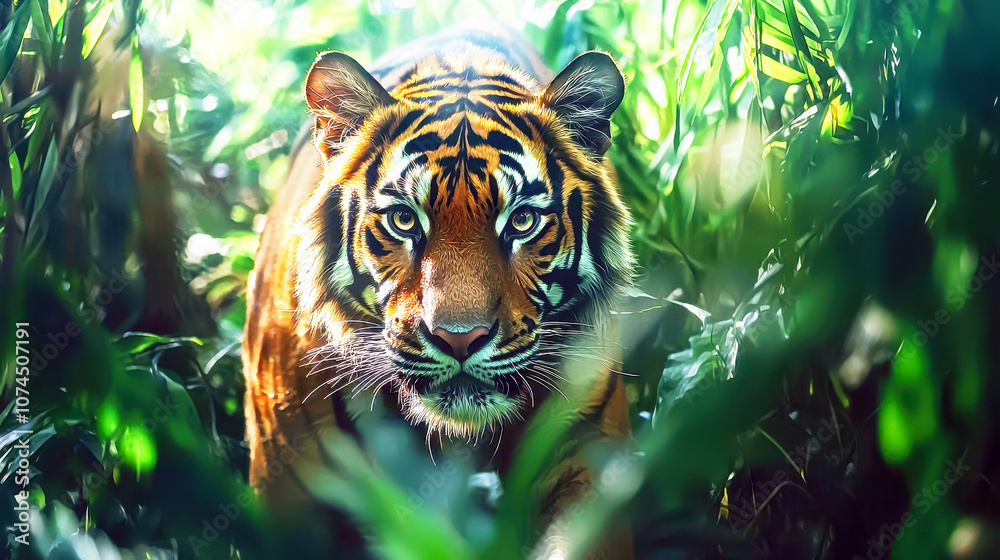 Fierce Tiger Prowling Through Lush Greenery Fierce Tiger Prowling Through Lush Greenery