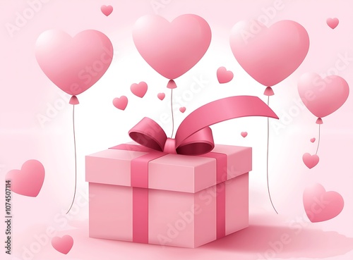 3D heart-shaped balloons flying out of a gift box