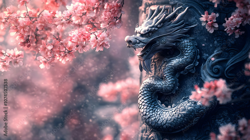 Fototapeta premium Dragon Statue in Cherry Blossom Tree Illustration
