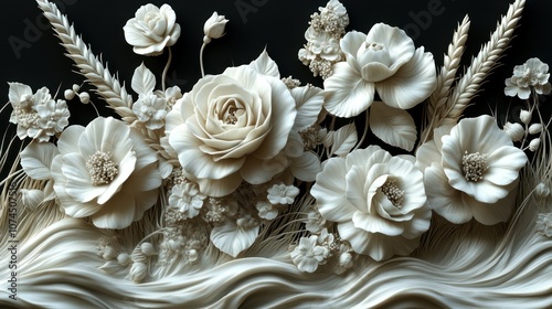 A detailed 3D outline of wheat and wild roses, both swaying gently in the wind.