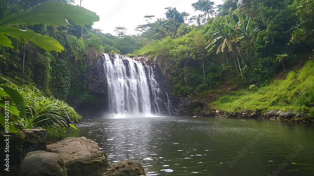 A panoramic view of a serene waterfall hidden behind thick foliage, inviting visitors to explore its beauty in a peaceful setting A panoramic view of a serene waterfall hidden behind thick foliage, inviting visitors to explore its beauty in a peaceful setting