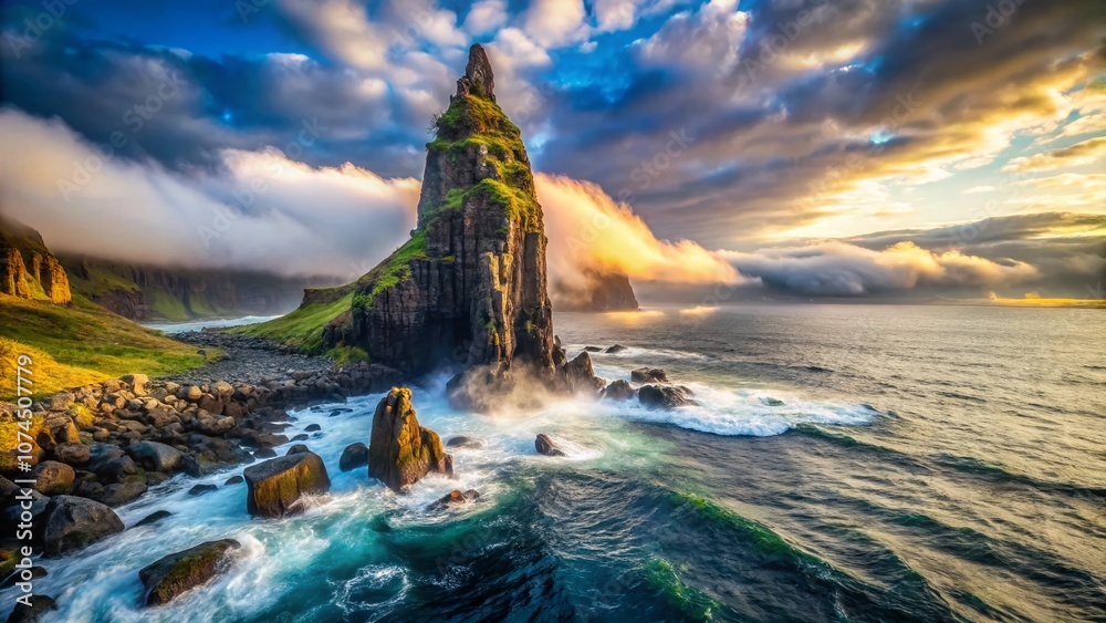 Obraz premium Majestic Basalt Rock Tower Rising from the Ocean with Misty Background in Stunning Natural Landscape - Perfect for Travel Blogs, Magazines, and Articles on Scenic Beauty