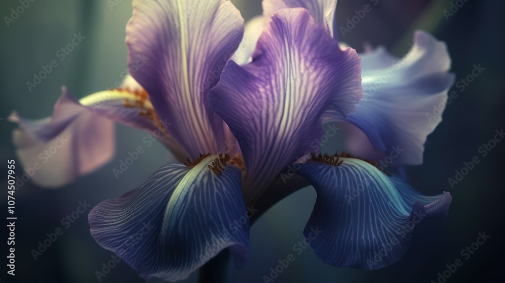 A detailed 3D rendering of a purple iris flower, with intricate petal veins and a glowing center. The background is softly blurred in soft greens