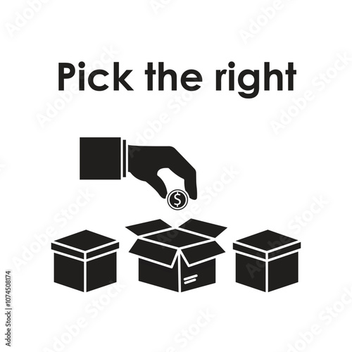 Vector icon for Making Smart Financial Choices. Depicts a hand placing a coin in an open box, symbolizing careful selection among options. Concept of financial strategy and budgeting.