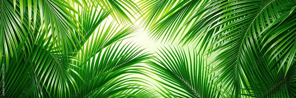 Fototapeta premium Lush tropical palm leaves creating a vibrant green background, outdoor, foliage