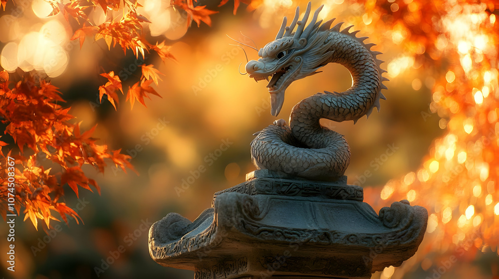 Fototapeta premium Stone Dragon Statue in Autumnal Garden Illustration