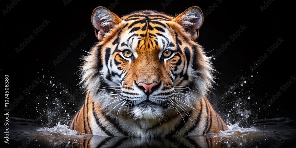 Naklejka premium Majestic Double Exposure of a Tiger Against an Elegant Black Background, Capturing the Essence of Wild Beauty and Mystique in a Stunning Visual Harmony