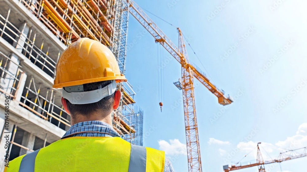 Fototapeta premium Construction worker looking at crane.