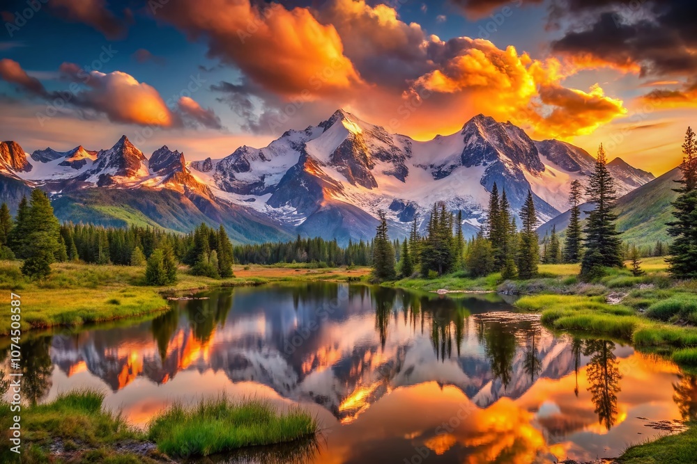 Majestic Golden Sunset Over Mountain Peaks with Vibrant Colors Illuminating the Sky and Reflecting on Snow-Capped Summits in a Breathtaking Panoramic Landscape Scene Majestic Golden Sunset Over Mountain Peaks with Vibrant Colors Illuminating the Sky and Reflecting on Snow-Capped Summits in a Breathtaking Panoramic Landscape Scene