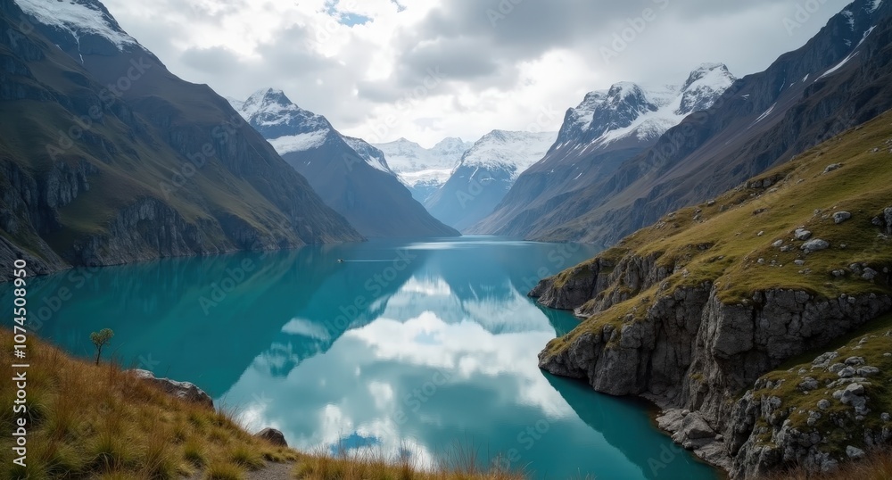 Obraz premium Aysén Fjords, Chilean Patagonia, steep cliffs rising from calm fjord waters under cloudy skies, capturing the remote and serene beauty of Chile’s fjords.
