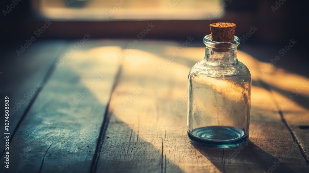 Empty Glass Bottle with Cork Stopper on Wooden Table. Empty Glass Bottle with Cork Stopper on Wooden Table.