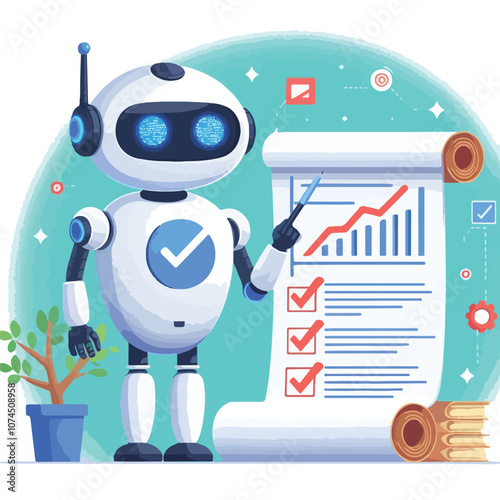 A robot with AI symbol holding data charts and documents points to a checklist on a scroll. Ideal for technology, artificial intelligence, data analysis, automation, and innovation. Simple vector art 