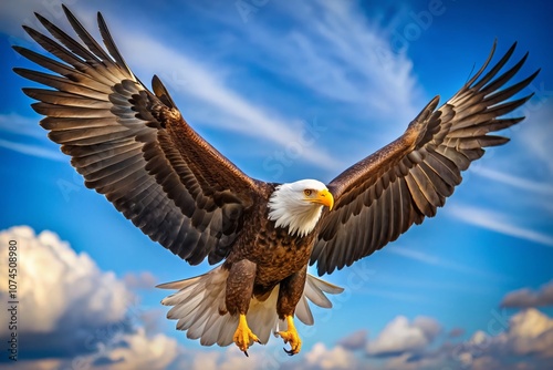 Majestic Mature Bald Eagle Soaring Gracefully in a Soft Blue Sky with Ample Copy Space for Text and Design Elements, Capturing the Spirit of the American Wilderness