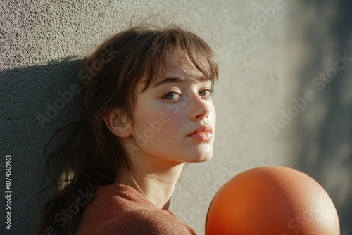 A young woman stands in front of a wall, holding a basketball photo