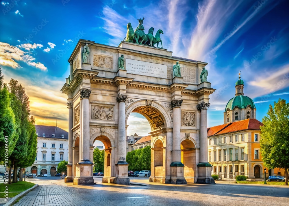 Obraz premium Majestic Siegestor in Munich, Germany: A Stunning Architectural Marvel Framed by Lush Greenery and Clear Blue Skies, Showcasing Classical Design and Historical Significance in Urban Landscape