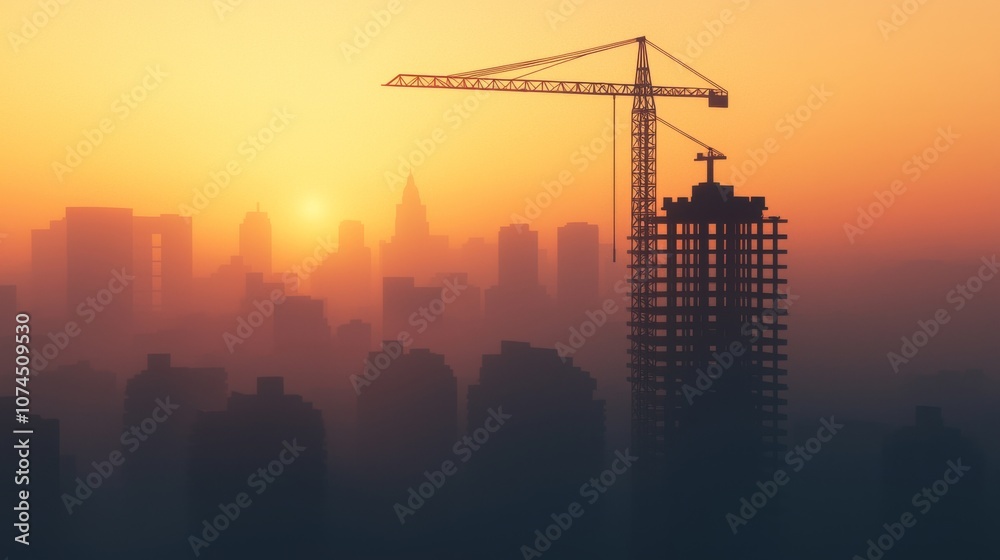 Construction Crane Silhouette Against Sunset Cityscape. Construction Crane Silhouette Against Sunset Cityscape.