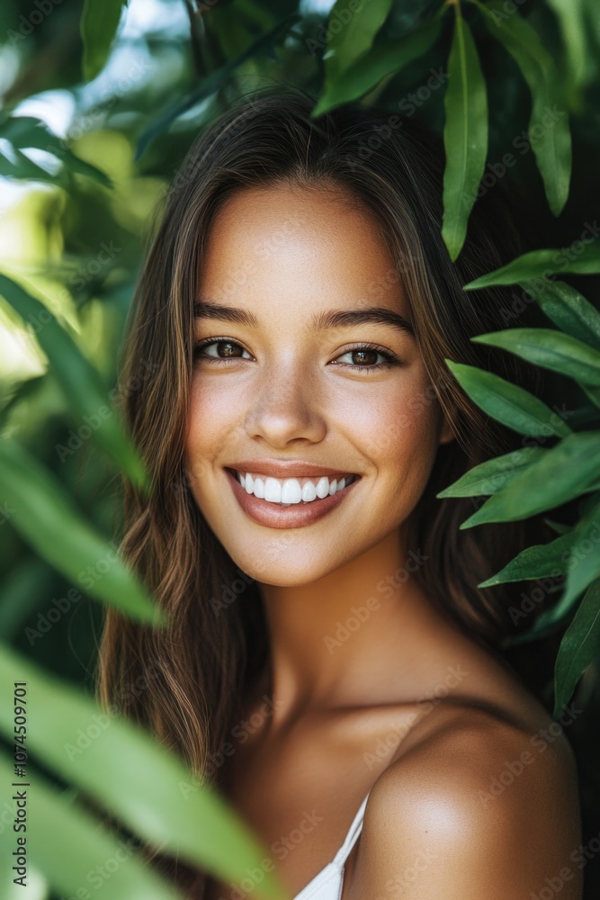 A beautiful young woman stands beneath the canopy of a leafy tree, surrounded by lush foliage A beautiful young woman stands beneath the canopy of a leafy tree, surrounded by lush foliage