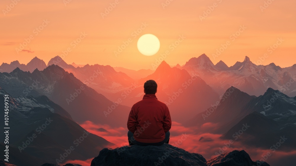 Man Contemplating the Sunset Over the Mountains. Man Contemplating the Sunset Over the Mountains.