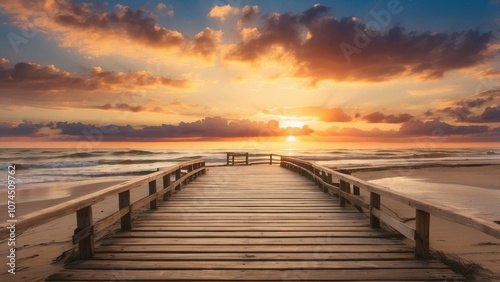 Sunset on a wooden pier on the beach.-