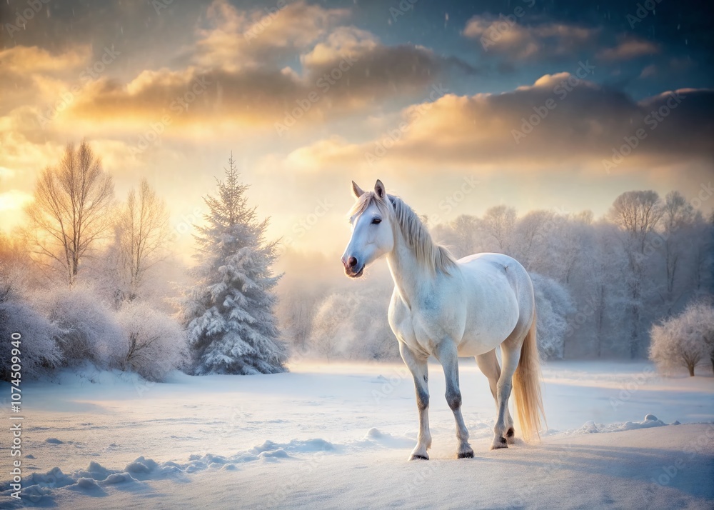 Majestic White Horse Standing Gracefully in a Snow-Covered Landscape, Capturing the Beauty of Winter in a Serene Natural Setting with Soft Light and Snowflakes Falling Majestic White Horse Standing Gracefully in a Snow-Covered Landscape, Capturing the Beauty of Winter in a Serene Natural Setting with Soft Light and Snowflakes Falling