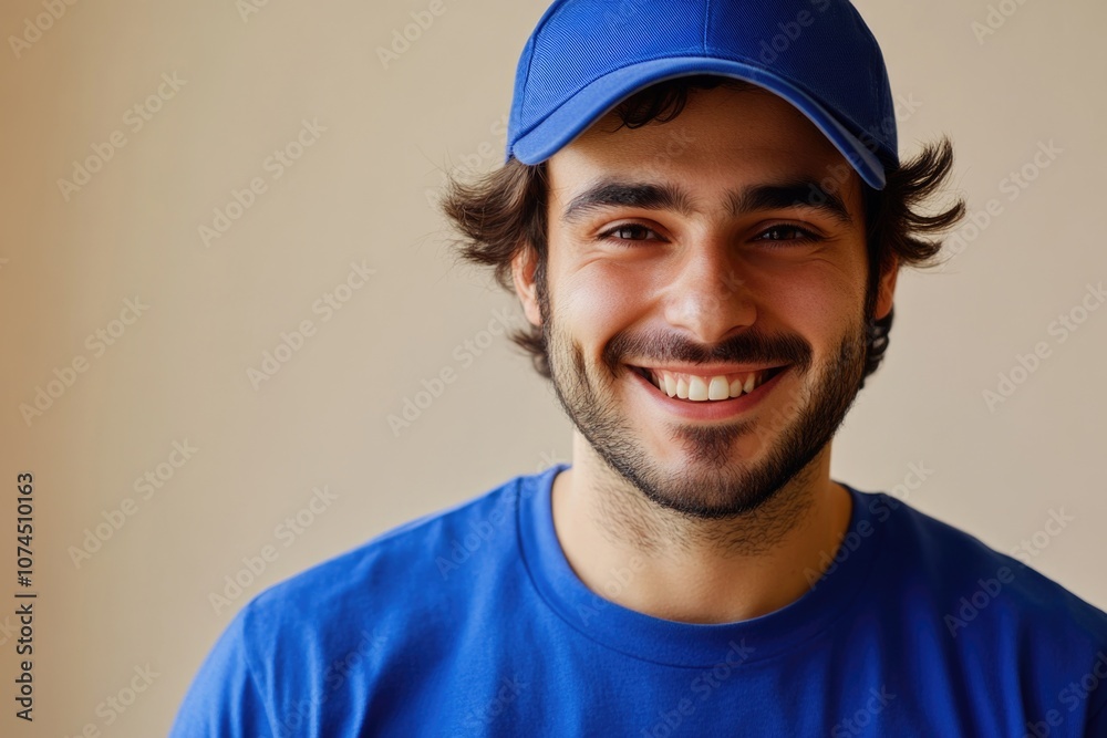 Fototapeta premium A smiling man wearing a blue hat and blue shirt, suitable for editorial or commercial use