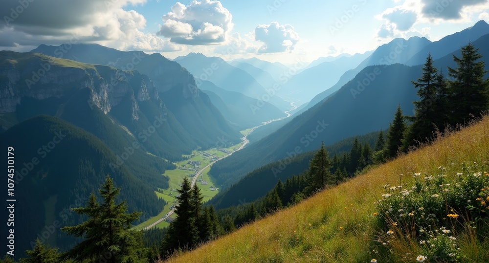 Fototapeta premium The Carpathian Mountains, Romania, misty forested mountains with dramatic cliffs, showcasing the mystical beauty of Romania’s wild landscapes.