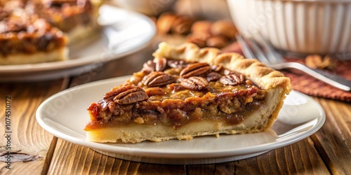 Delicious Pecan Pie on White Plate - Tilt-Shift Photography of Classic Dessert