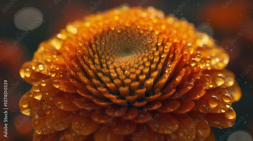 A highly detailed 3D model of a marigold flower with multiple orange petals, layered in concentric circles. The background is softly blurred, bringing full focus to the flower's texture. A highly detailed 3D model of a marigold flower with multiple orange petals, layered in concentric circles. The background is softly blurred, bringing full focus to the flower's texture.