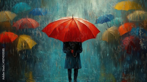 A person stands under a red umbrella in the rain, surrounded by colorful umbrellas in a vibrant, rainy atmosphere.