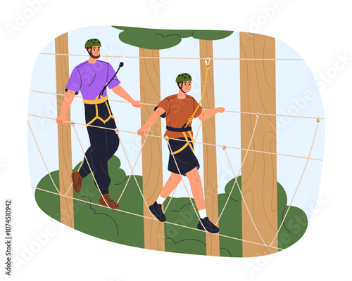 Family adventure on high rope course in forest park. Dad and son walking on suspended bridge, balancing on outdoor obstacle. Recreation activity. Flat vector illustration isolated on white background