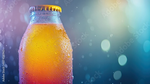 Cold sports drink with bright color, condensation on the bottle, refreshing and energizing after activity photo