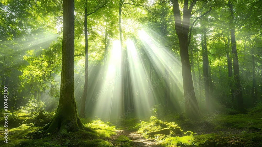 Naklejka premium A tranquil forest with sunlight.