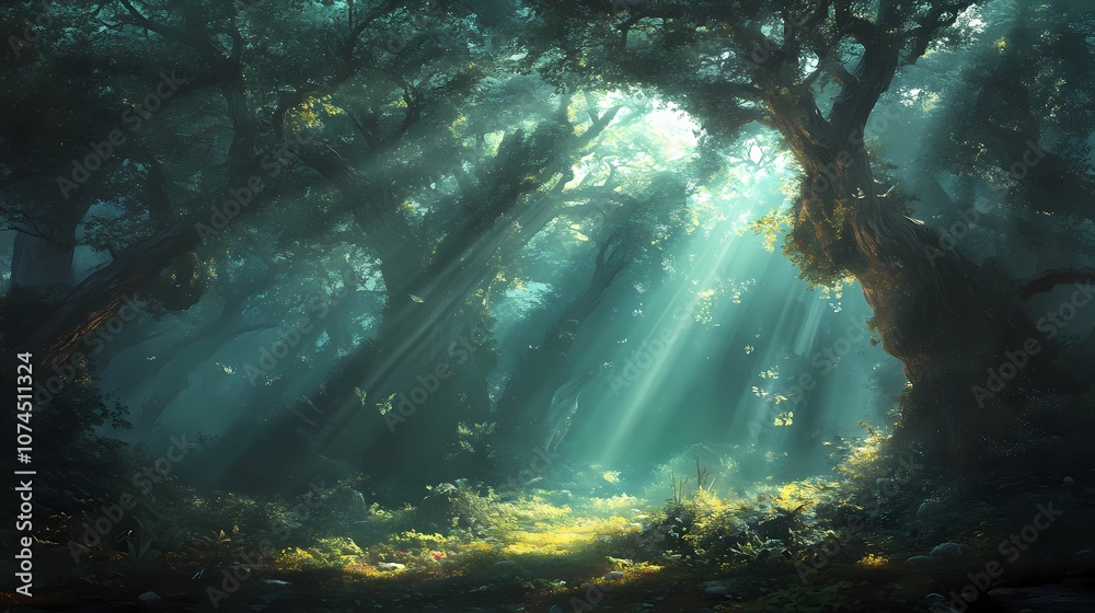 Fototapeta premium A tranquil forest with sunlight.