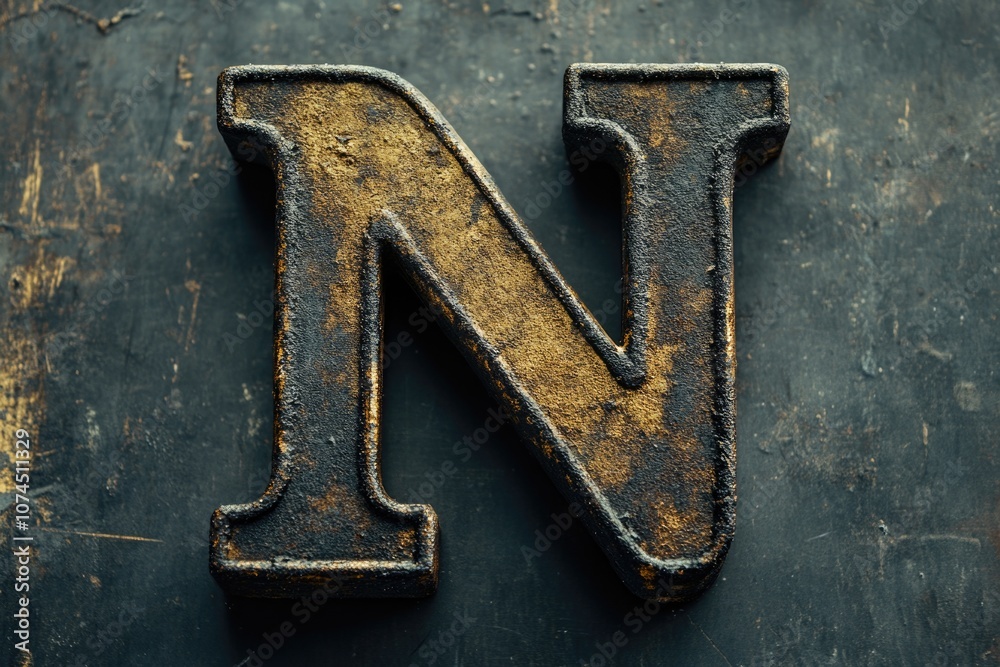 A close-up shot of a rusty metal letter 'N' with corrosion and patina A close-up shot of a rusty metal letter 'N' with corrosion and patina
