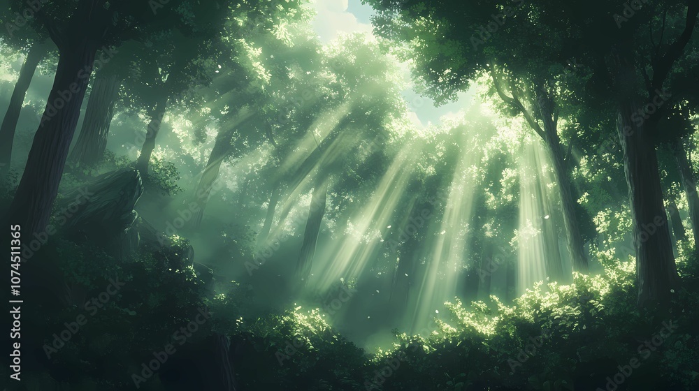 Obraz premium A tranquil forest with sunlight.