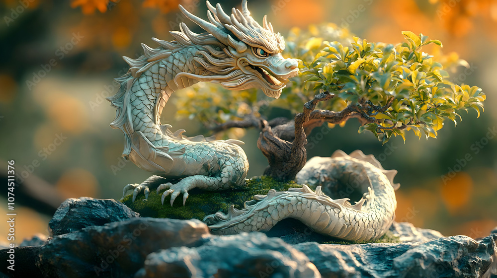 Serene Dragon Statue Resting on Rocks with Bonsai Tree in Background 3D Illustration Serene Dragon Statue Resting on Rocks with Bonsai Tree in Background 3D Illustration