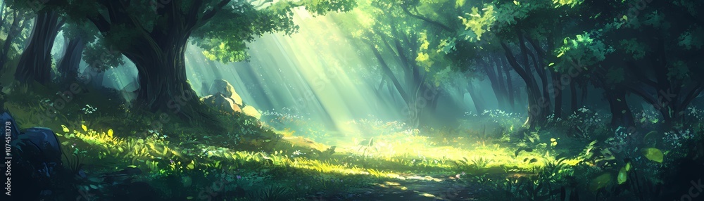 Obraz premium A tranquil forest with sunlight.