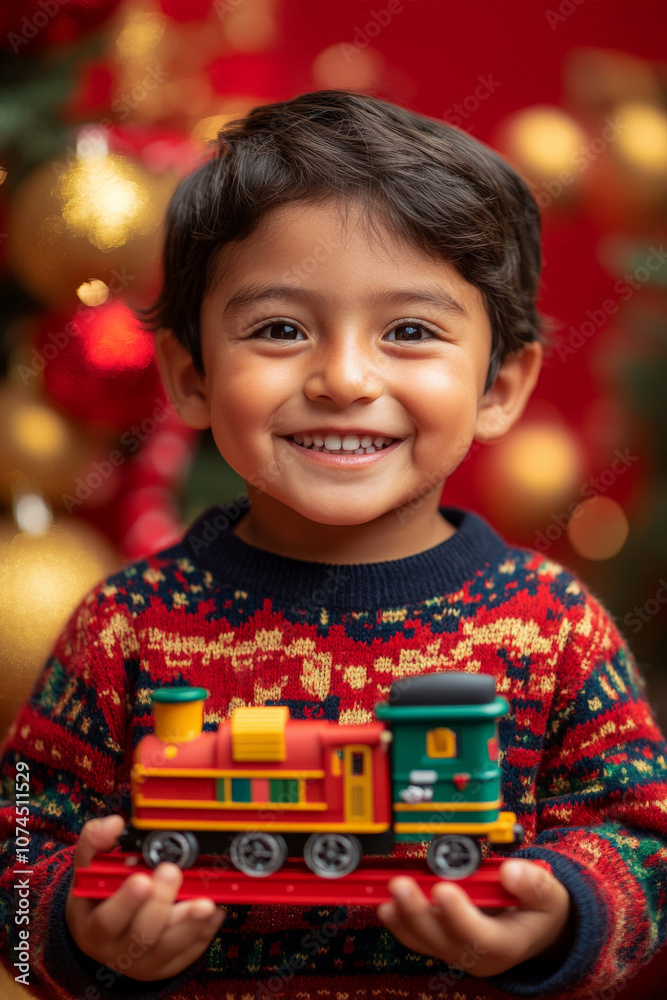 Festive Portrait of Latino Child Male Wearing Christmas Sweater And Holding Christmas Gift Festive Portrait of Latino Child Male Wearing Christmas Sweater And Holding Christmas Gift