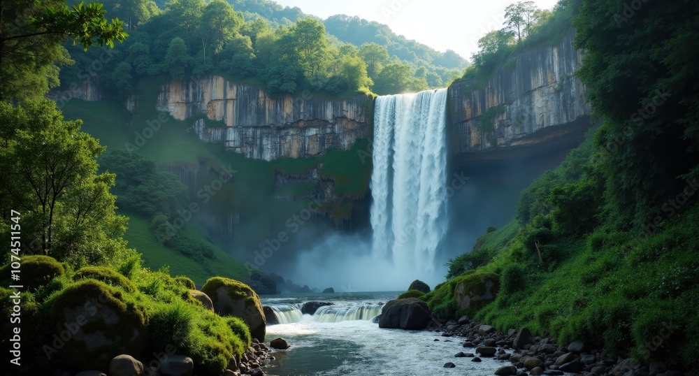 Fototapeta premium Angel Falls, Venezuela, world’s tallest waterfall cascading over green cliffs, capturing the awe-inspiring and untouched beauty of Venezuela’s wilderness.